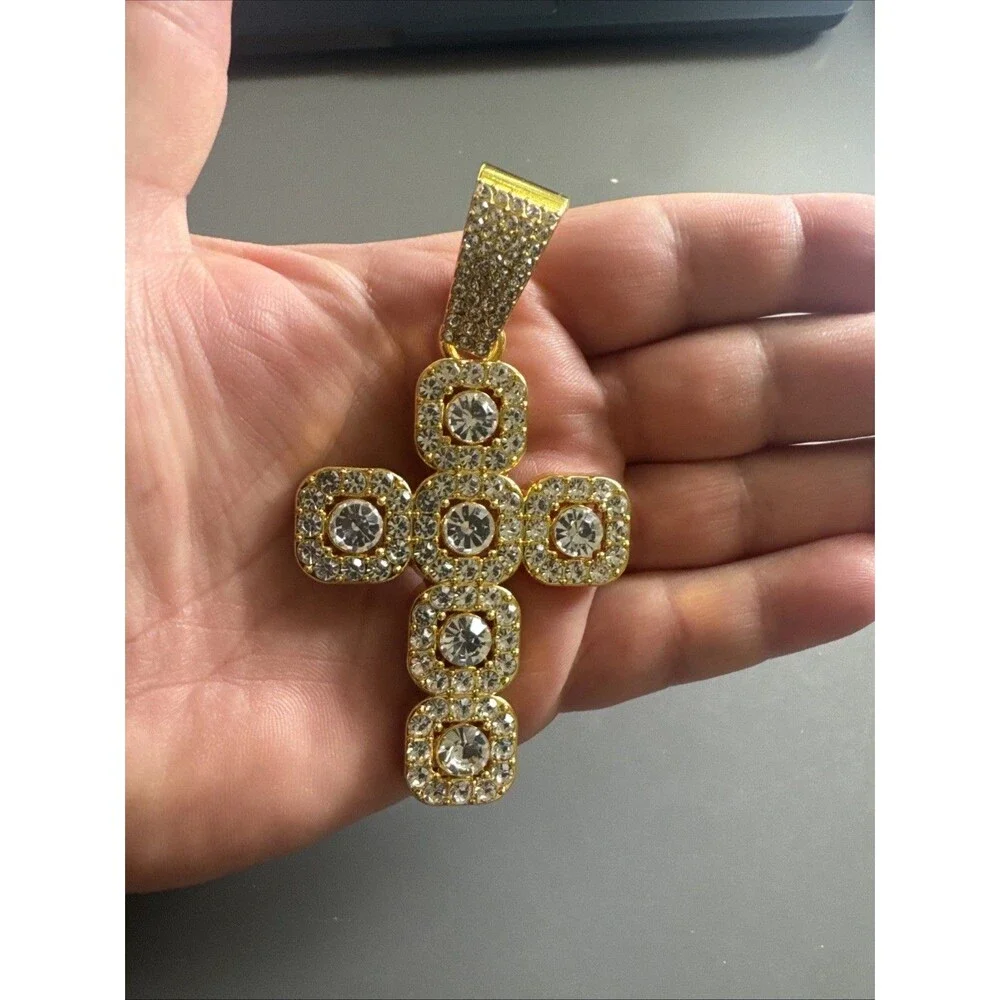 Gold Plated Cross Pendant Cubic Zirconia 24 Inch Necklace Unisex Hip Hop Gift